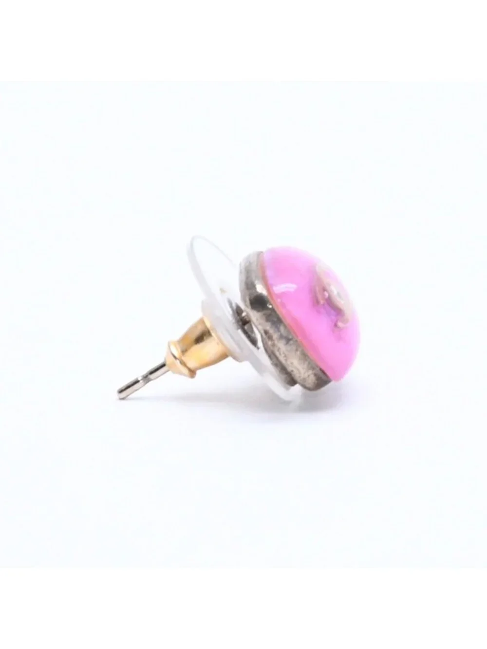 Chanel Earrings CC Logo Button Purple Glitter Silver Metal Resin